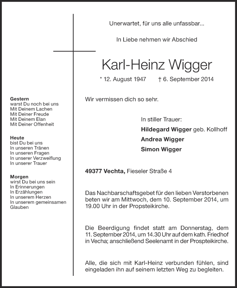 Traueranzeigen Von Karl Heinz Wigger Om Trauer De